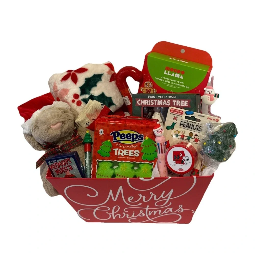 Kids Christmas Gift Basket Teddy Bear Blanket Crafts Candy Toy Holiday Present